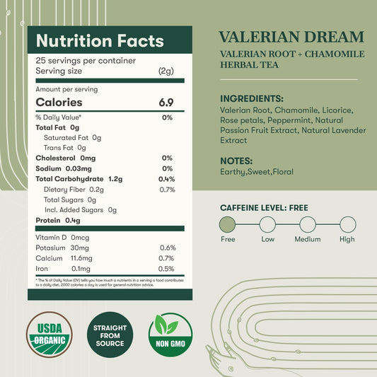 Luxmi Estates Organic Valerian Root, Chamomile, &amp; Lavender Loose Leaf Tea 50g/1.76oz (25 cups) for Sleep | Caffeine Free Wellness Sleep Tea