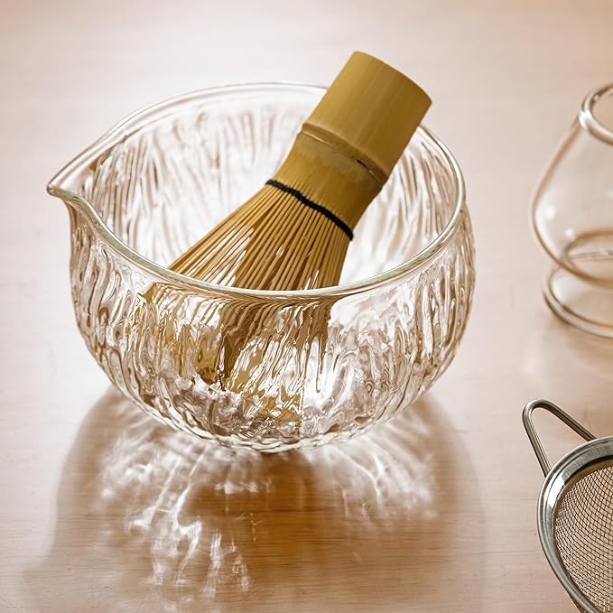 Japanese Tea Set (7pcs) Matcha Whisk Set Matcha Bowl with Pouring Spout Bamboo Matcha Whisk (chasen) Scoop (chashaku) Matcha Whisk Holder Tea Making Kit. WHITE GLASS