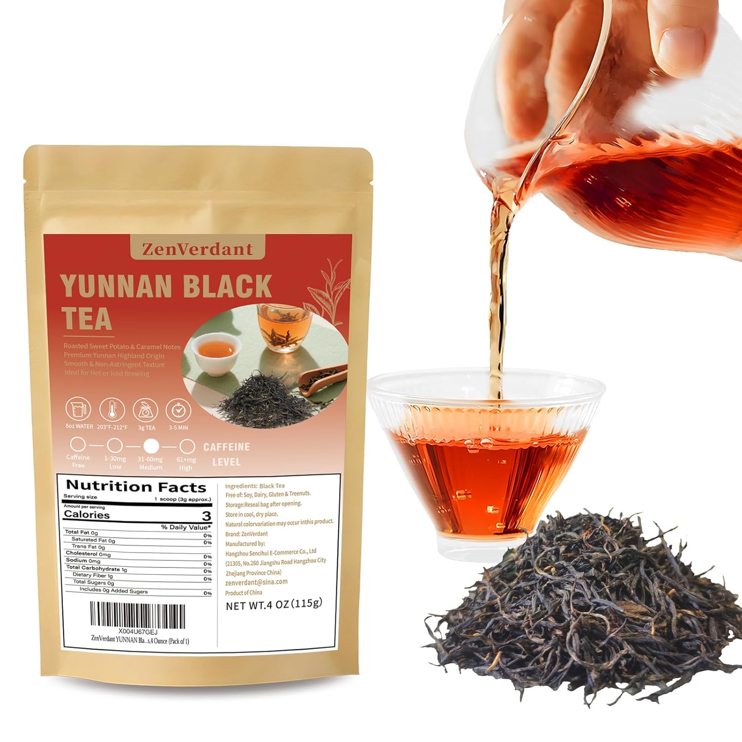 ZenVerdant Yunnan Dianhong Black Tea 4oz, Premium Chinese Loose Leaf Black Tea, Rich & Malty Flavor, Resealable Bag