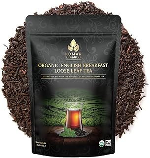 KOMAR ORGANICS English Breakfast Tea - 16oz USDA Organic Loose Leaf Tea Rich in Antioxidants - Balanced and Flavorful Black Tea for Energy Boost - 1 LB Certified Kosher Assam and Darjeeling Blend