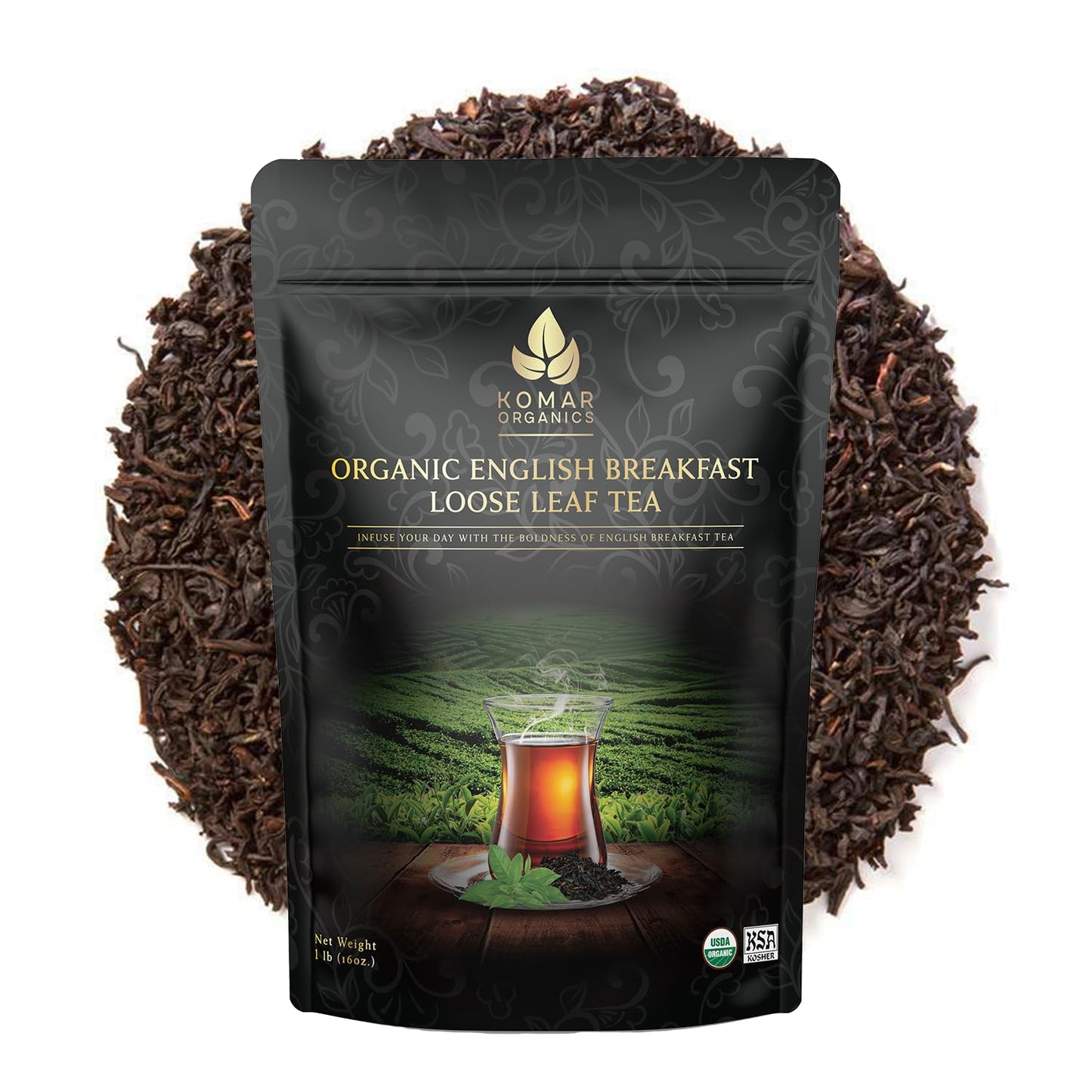 KOMAR ORGANICS English Breakfast Tea - 16oz USDA Organic Loose Leaf Tea Rich in Antioxidants - Balanced and Flavorful Black Tea for Energy Boost - 1 LB Certified Kosher Assam and Darjeeling Blend