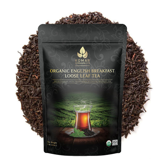 KOMAR ORGANICS English Breakfast Tea - 16oz USDA Organic Loose Leaf Tea Rich in Antioxidants - Balanced and Flavorful Black Tea for Energy Boost - 1 LB Certified Kosher Assam and Darjeeling Blend