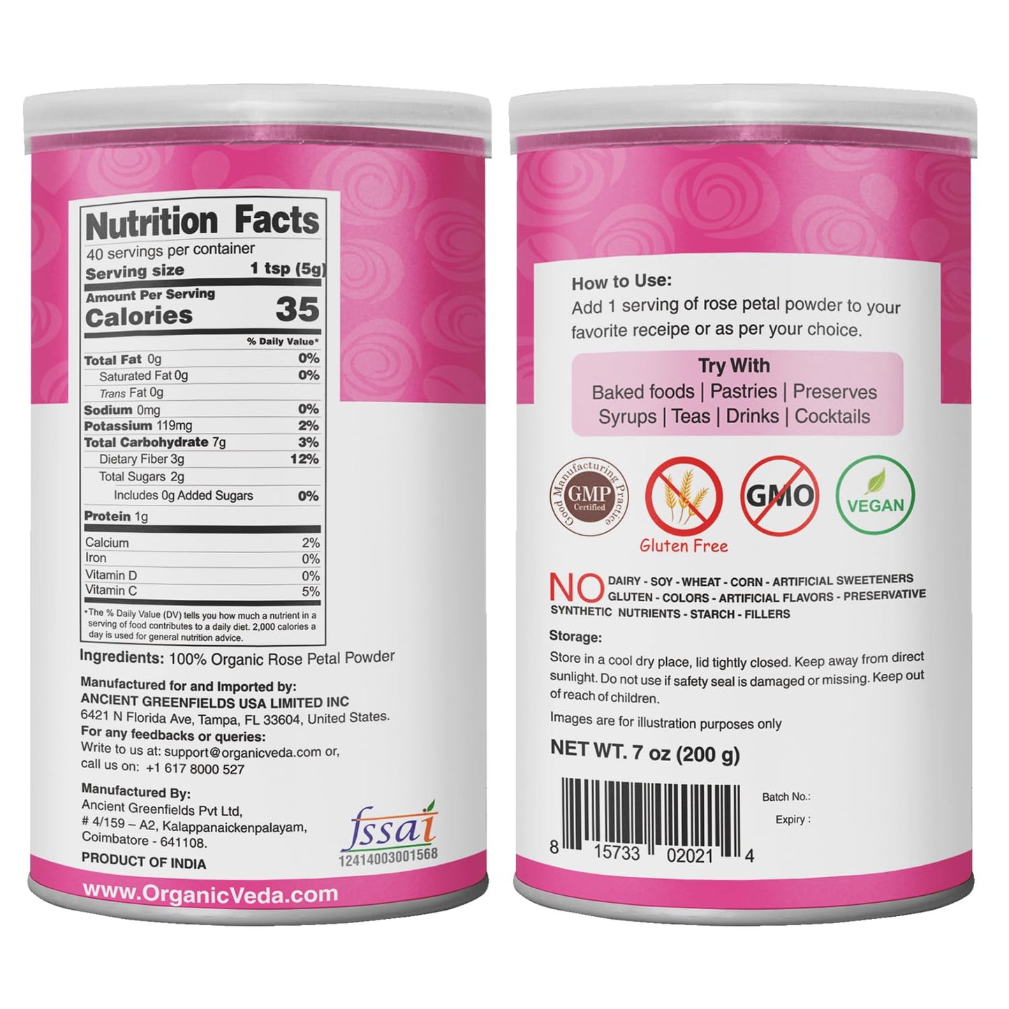 Organic Veda Rose Petals Powder - USDA Organic Edible Dried Rose Petals for Tea, Baking, Drink Mix, DIY Beauty Skin Care