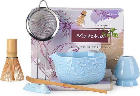 Japanese Matcha Whisk Set - Matcha Making Kit with Ceramic Bowl Bamboo Whisk (Chasen) Sifter & Holder Blue