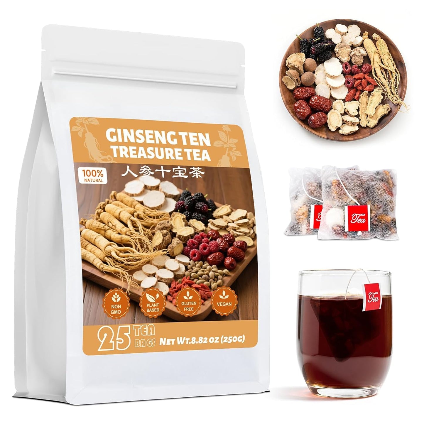 Ginseng Ten Treasures Kidney Tea,Traditional Chinese Herbal TeaBags, Natural Kidney Cleanse Detox Tea for Women &amp; Men, 10 Precious Ingredients Formula(1 Pack/25 Bags)