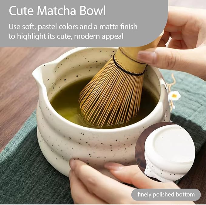 Matcha Whisk Kit Set of 6 includes Matcha Bowl, Matcha Bamboo Whisk, Scoop, Spoon Sifter, Whisk Holder Tea Accessories Gift for Tea Lovers(White Sand)