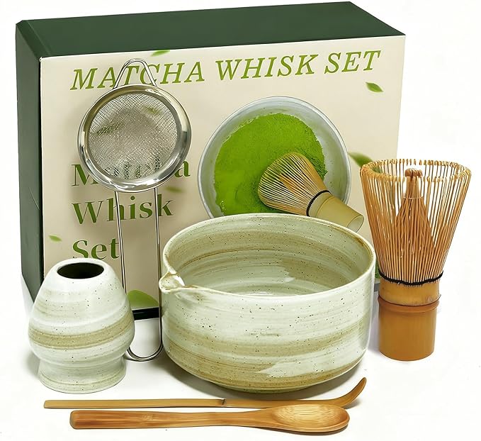 Matcha Whisk Set, Matcha Set, 6 Pieces, with Bamboo Whisk, Ceramic Bowl & Sifter Complete Matcha kit Tea Includes Scoop & Spout Bowl