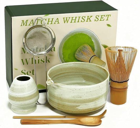 Matcha Whisk Set, Matcha Set, 6 Pieces, with Bamboo Whisk, Ceramic Bowl & Sifter Complete Matcha kit Tea Includes Scoop & Spout Bowl