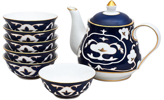 Blue and White Tea Set - 28 oz. Bone China Teapot and 6 oz. Tea Cups with White Vintage Design