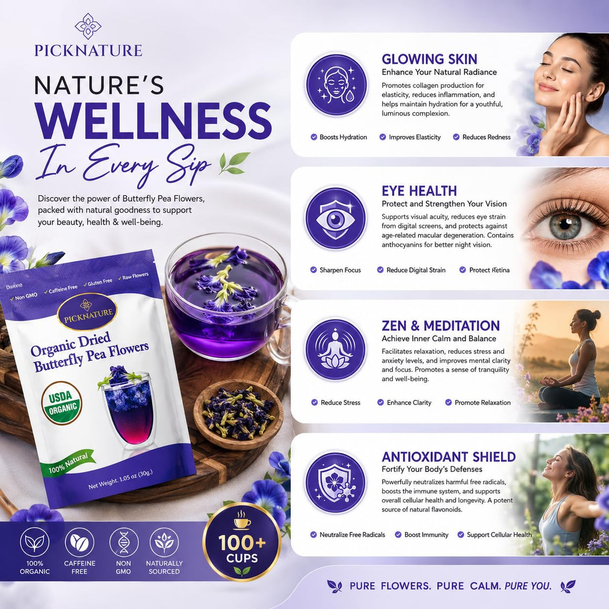 PICKNATURE Organic Butterfly Pea Flower Tea Loose Leaf | Dried Butterfly Pea Flower | Blue Tea Natural Food Coloring | USDA