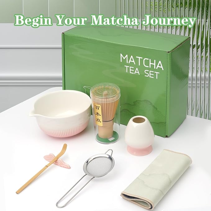 Matcha Whisk Set, 7 Pcs Ceramic Matcha Set, Includes Matcha Bowl, Matcha Whisk, Chasen Holder, Bamboo Scoop, Scoop Rest, Stainless Sifter, Tea Towel
