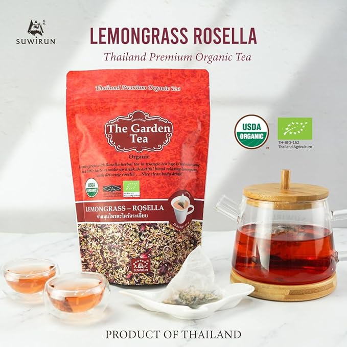 Suwirun Organic Lemongrass & Roselle Tea 25 Bags – Product of Thailand – Tangy Hibiscus & Citrus Herbal Blend, Caffeine-Free, No Calories