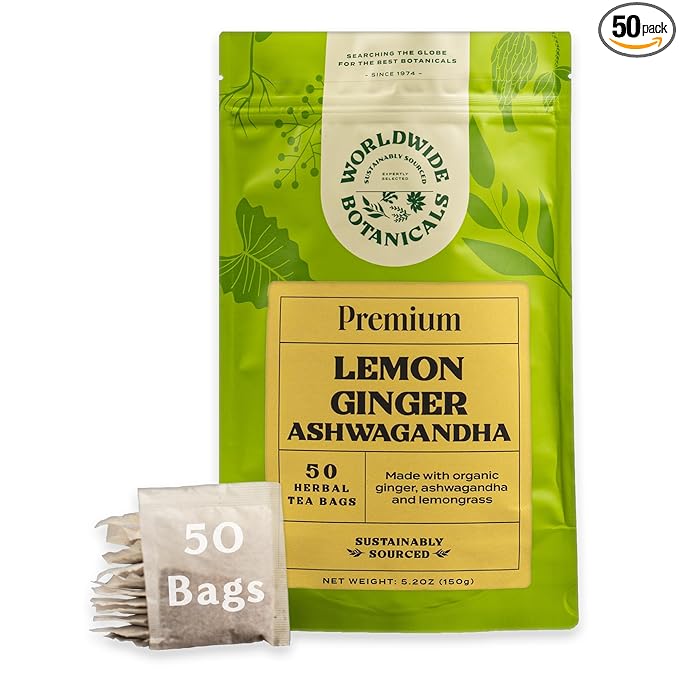 Worldwide Botanicals Lemon Ginger Ashwagandha Tea, 50 Tea Bags - 50% more herbs with 3g per teabag - Caffeine-Free