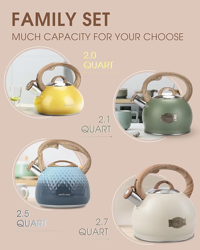 Tea Kettle Stovetop, 2.1 Quart Stove Top Whistling Tea Kettle, Teapot Kettles with Food Grade Stainless Steel and Wood Pattern Folding Handle