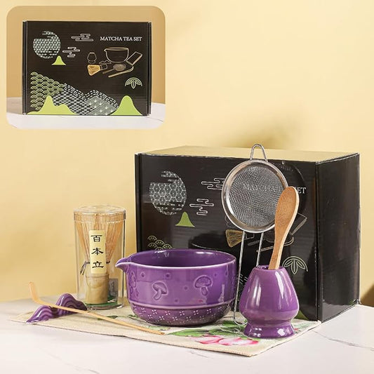 Matcha Set, 8-Piece Ceramic Matcha Bowl & Whisk Kit with Mushroom Pattern, Traditional Japanese Chawan, Bamboo Chasen, Scoop & Sifter