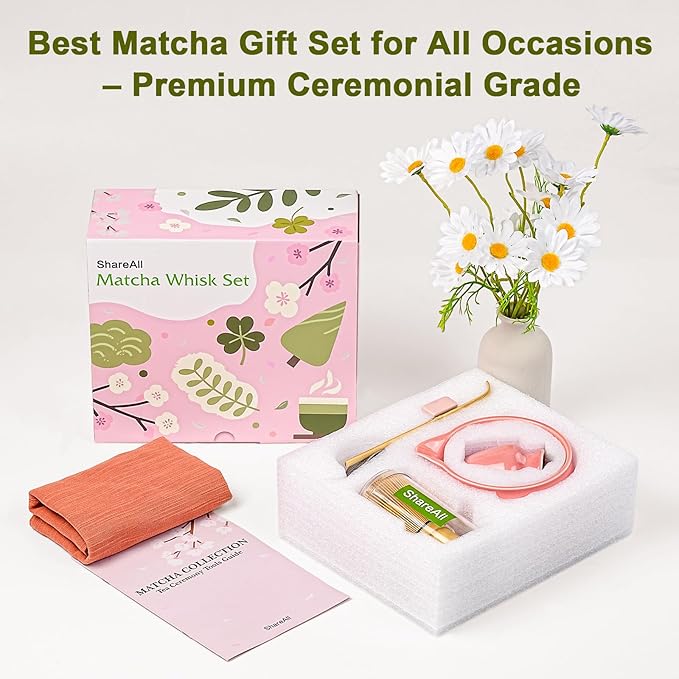 Artisan Ceramic Matcha Set, 7Pcs Japanese Matcha Whisk Kit with Playful Pink Glaze Bowl, Bamboo Chasen & Sifter - Elegant Tea Ceremony Gifts for Women, Premium Home Essentials (Pink)