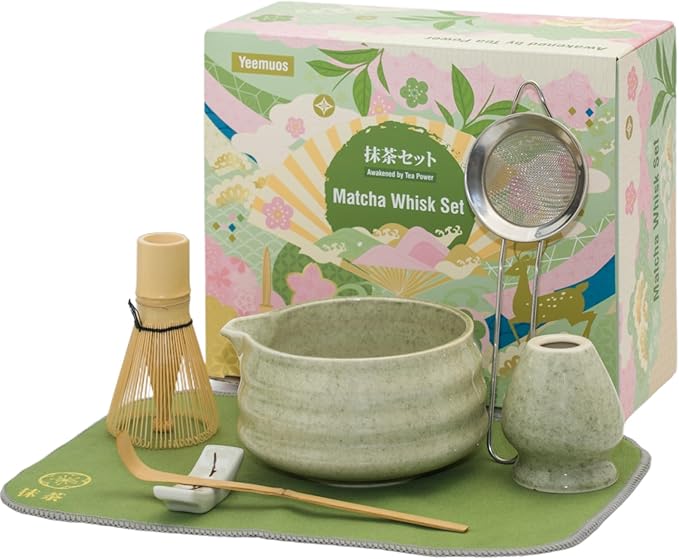 Matcha whisk Set,7 Pcs Matcha Making Kit with whisk Whisk, Ceramic Bowl, Sifter, Scoop, Holder, Stan