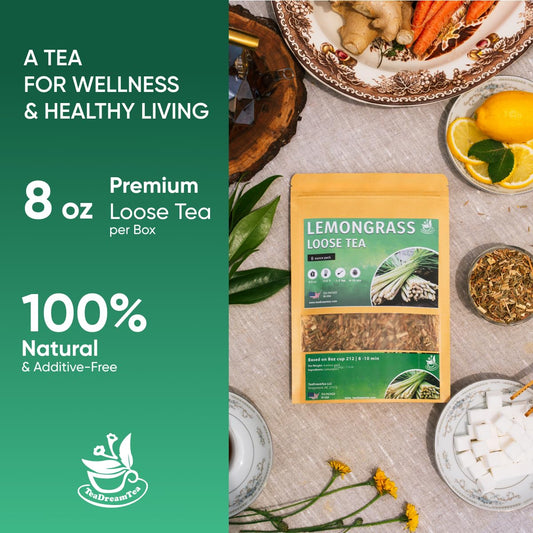 Lemongrass Leaf Loose Tea – 8oz Size (Premium Dried Lemongrass Loose Leaf Tea - 4 oz), Natural Extract Caffeine-Free Herbal Tea for Relaxation, Wallness with Smooth Taste