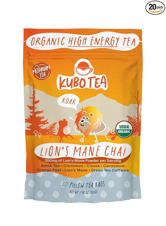 High Caffeine Mushroom Tea (155 mg) – Kubo Tea: Organic Lion’s Mane Chai Black Tea Bags for Clean Energy & Focus | Healthy Coffee Substitute | Mushroom-Infused Blend | 20 Ct | Compostable Packaging