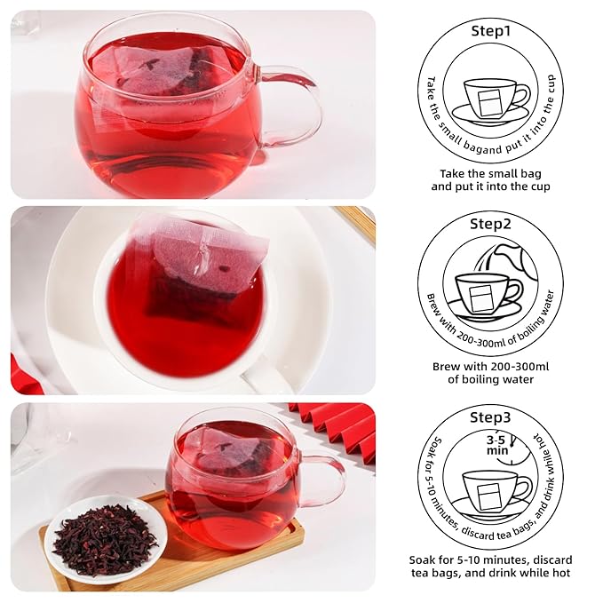 Premium Hibiscus Tea Bags, 60 Count, 100% Pure & Natural Dried Hibiscus Flowers - No Sugar, Caffeine-Free, Gluten-Free, Vegan. Tart & Refreshing