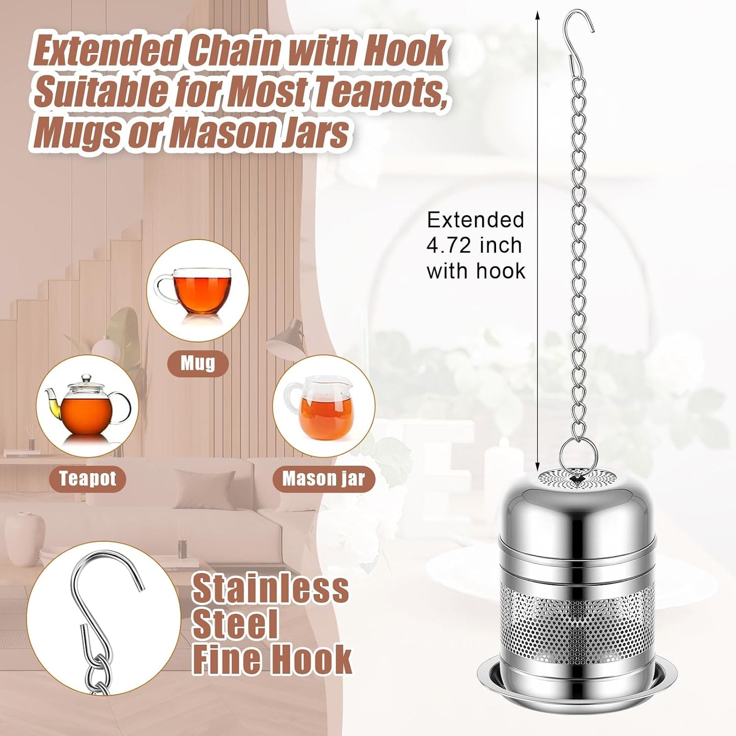 Umigy 4 Pcs Tea Infuser for Loose Tea, Stylish, 2.4 x 1.5 Inch, Silver