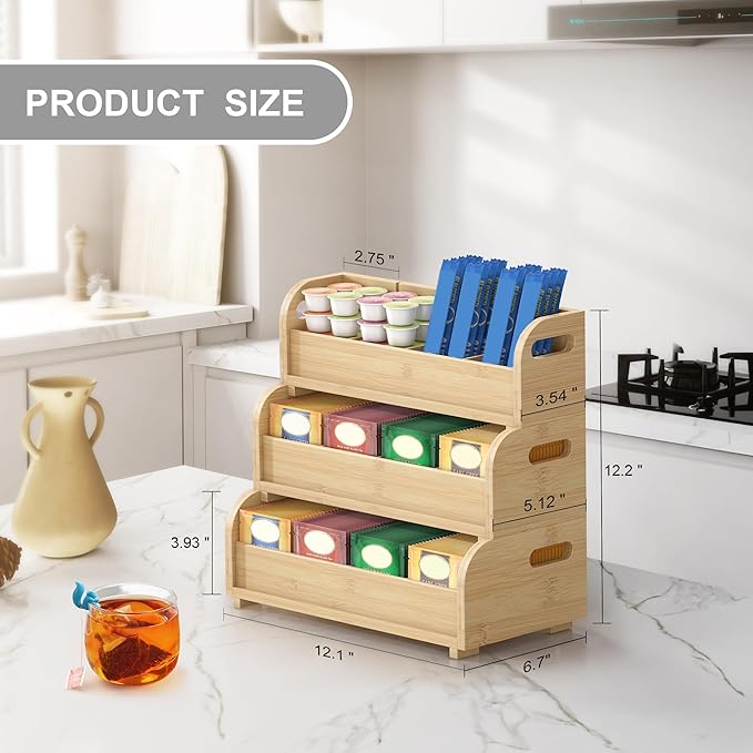Wisuce Tea Holder for Tea Bags Organizer - Bamboo Tea Organizer for Tea Bags 3-Tier Stackable Wall Mount Large Capacity Tea Storage Box (Nature)