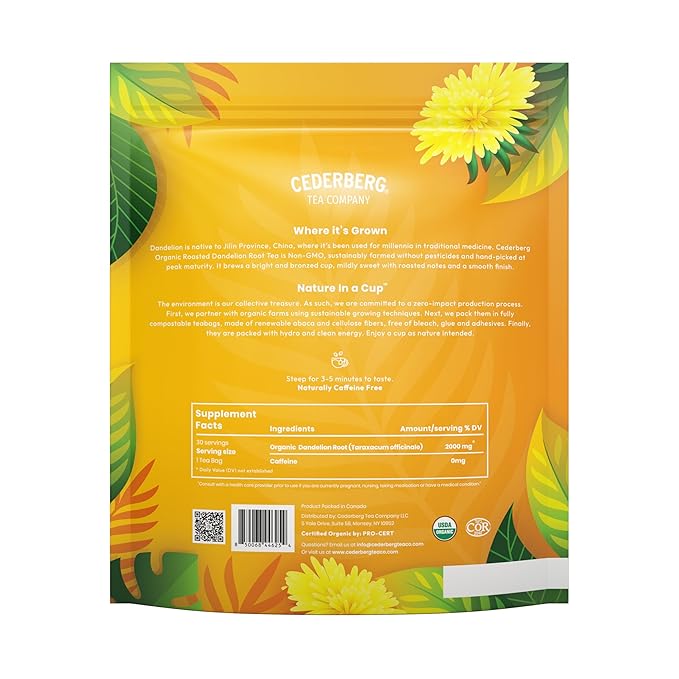 Cederberg Tea Company Organic Dandelion Root Tea — 30 Tea Bags, Organic Herbal Tea From Single Origin, Eco-Friendly Tea Bags