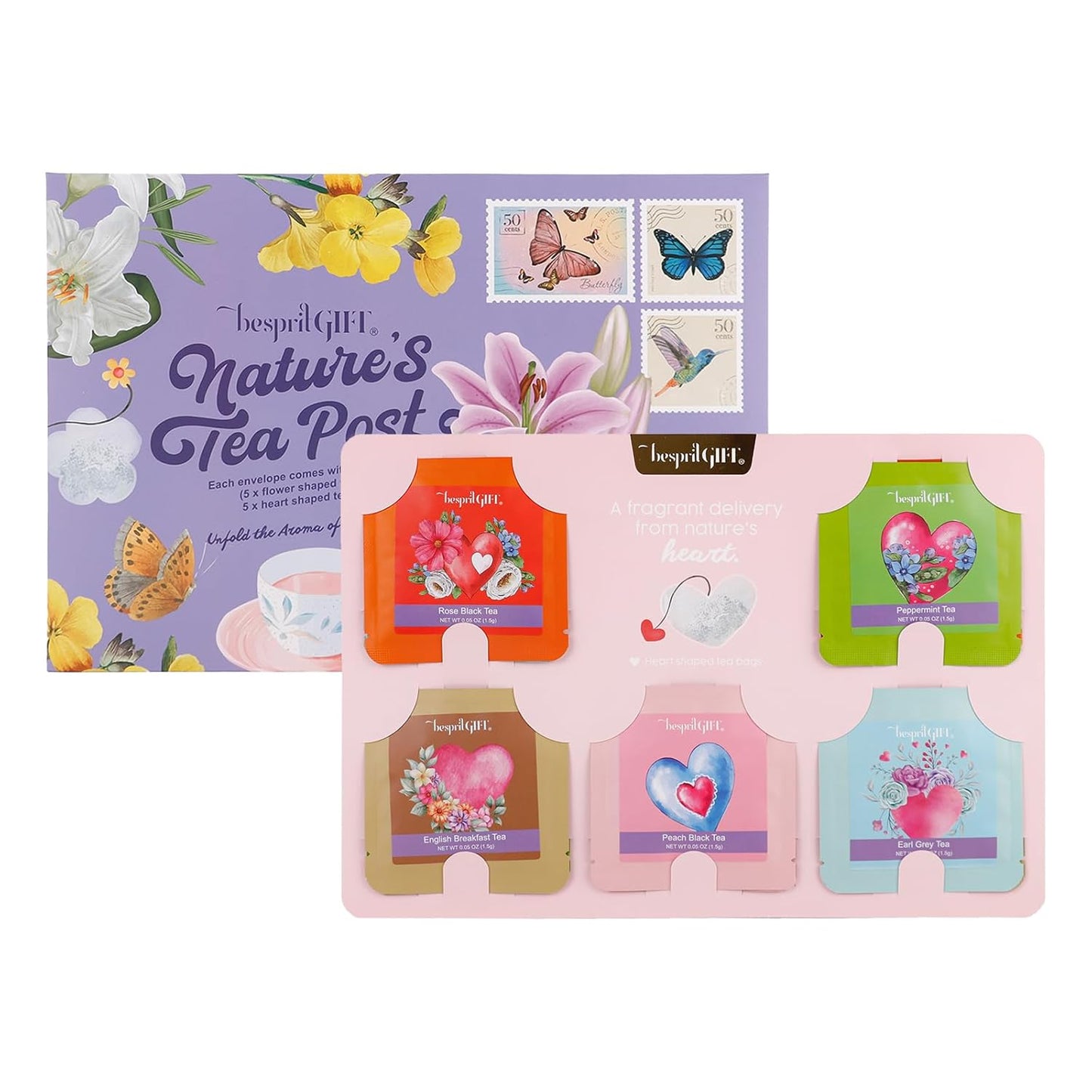 Novelty Tea Bags - 10 Count (5 Heart + 5 Flower Shaped) | 5 Unique Flavors Tea Sampler, Floral-Themed Gift Set for Tea Lovers