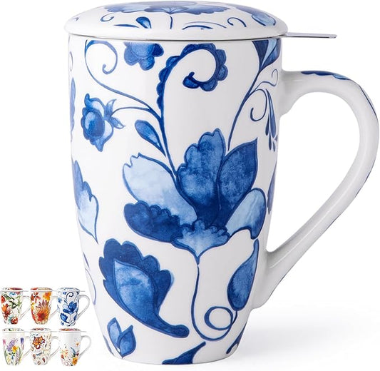 Gbhome Tea Mug with Infuser and Lid, 18 Ounce Large Ceramic Loose Leaf Cup, Microwave, Dishwasher Safe, Perfect for Tea Lovers