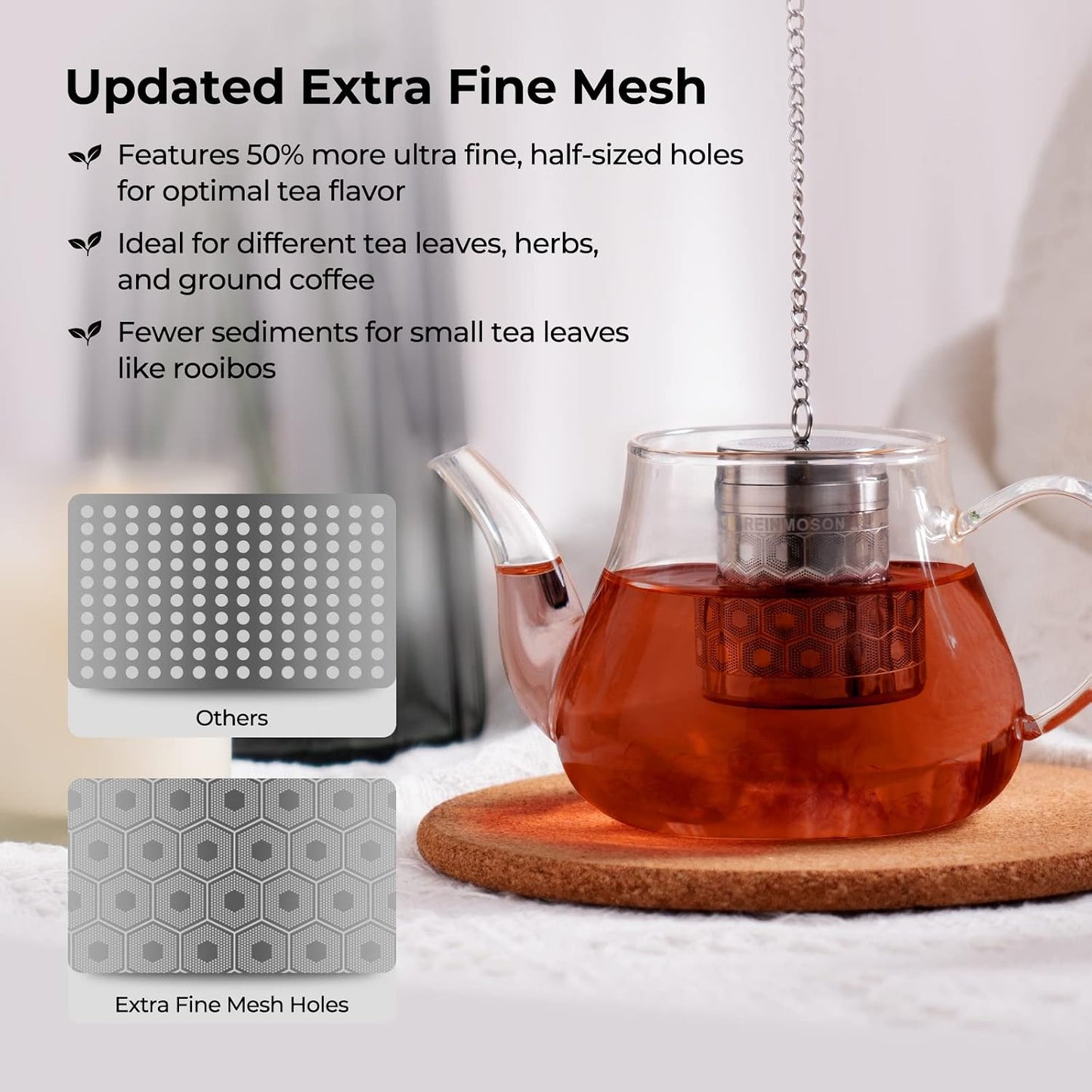 2 Pack Reinmoson 304 Stainless Steel Tea Strainers for Loose Tea 1.5”x2.2” | Extra Fine Mesh Tea Infuser for Loose Leaf Tea Steeper, Updated Slim Threaded Lid Tea Ball for Cup, Mug, Teapot, Kettle