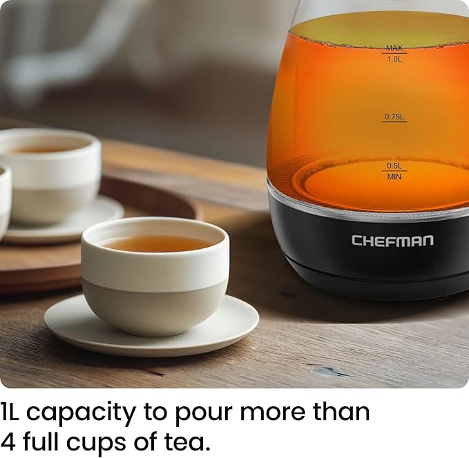 Chefman Electric Kettle with Tea Infuser, 1L 1500W, Removable Lid for Easy Cleaning, Boil-Dry Protection, Stainless Steel Filter, BPA Free