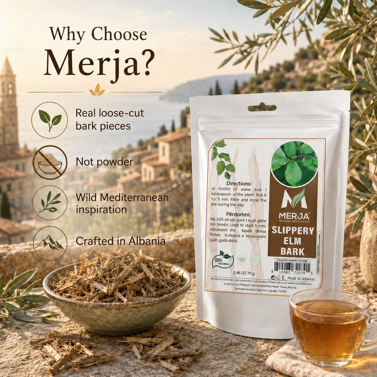 Merja Slippery Elm Bark Loose Leaf Tea — Real Whole Bark Pieces Not Powder — Naturally Rich in Mucilage — Traditional Herbal