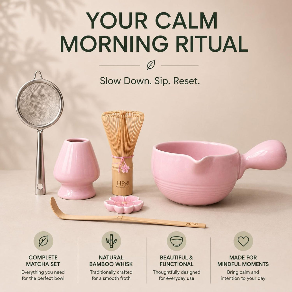 HAPPY PATH &amp; CO Patented Matcha Bowl Set with Handle &amp; Spout - Spill-Free Pouring | Complete Matcha Set for Beginners | Includes Bamboo Whisk, Scoop &amp; Stand (Pink Blossom - Soft Pink)