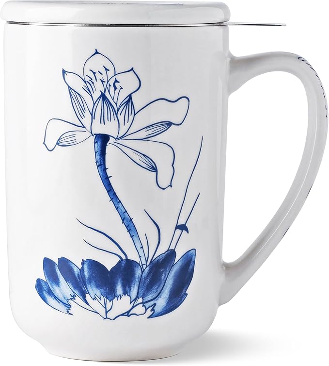 AmorArc Porcelain Tea Mug with Infuser and Lids, 18 Oz Large Cup Strainer with Bag Holder for Loose Leaf Tea