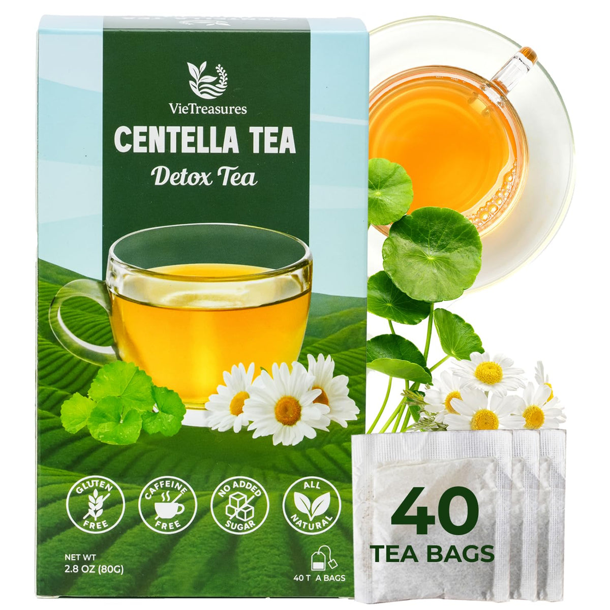 VieTreasures Centella Herbal Tea, Chamomile &amp; Centella, 2.8oz, 40 Tea Bags