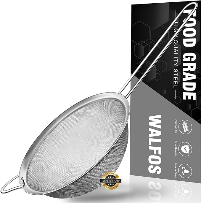 Walfos 6.95 Inch Fine Mesh Strainers, Premium Stainless Steel Colanders and Sifters, with Reinforced Frame and Sturdy Handle, Perfect for Sift