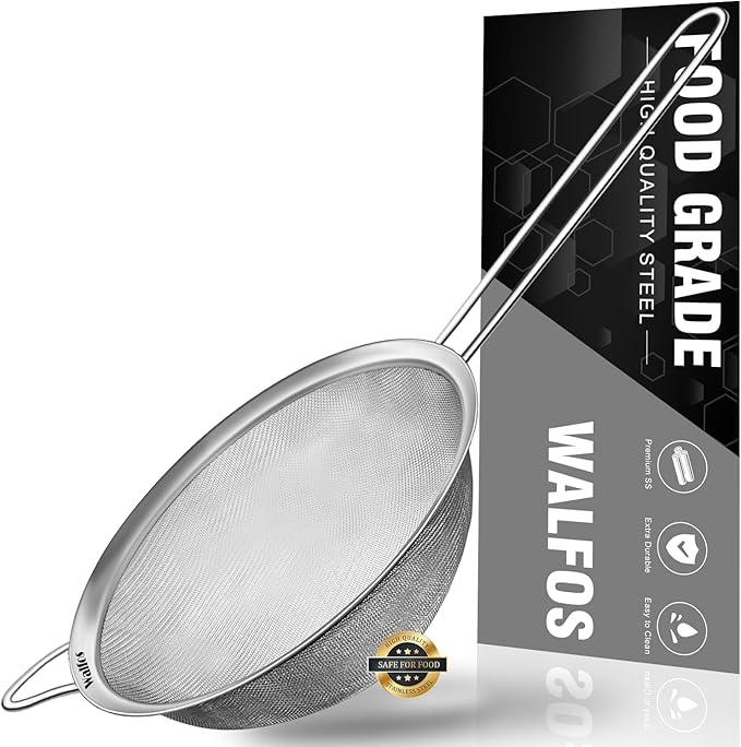 Walfos 7.8 Inch Fine Mesh Strainer, Premium Stainless Steel Colanders and Sifters, with Reinforced Frame and Sturdy Handle, Perfect for Sift, Strain