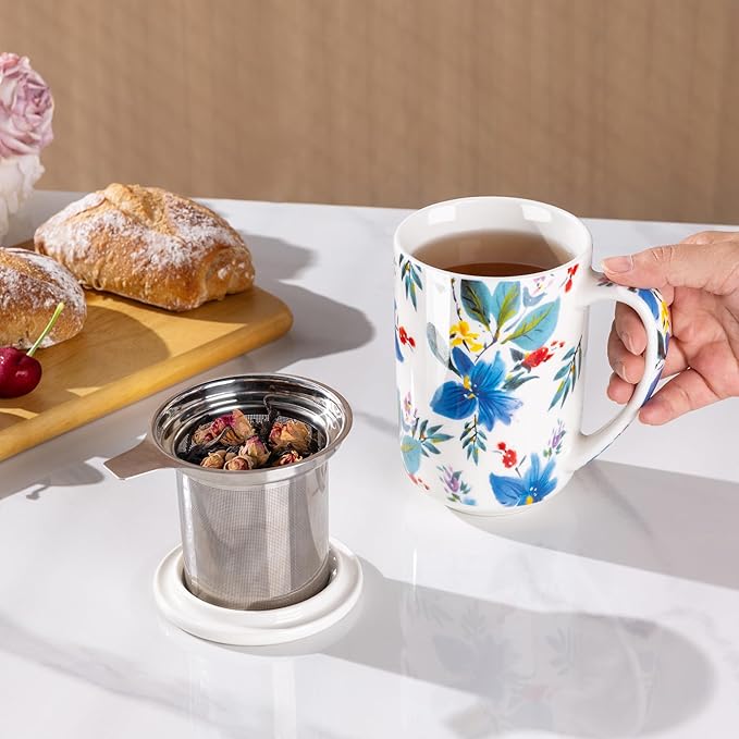AmorArc Porcelain Tea Mug with Infuser and Lids, 18 Oz Coffee Cup Strainer with Bag Holder for Loose Leaf Tea