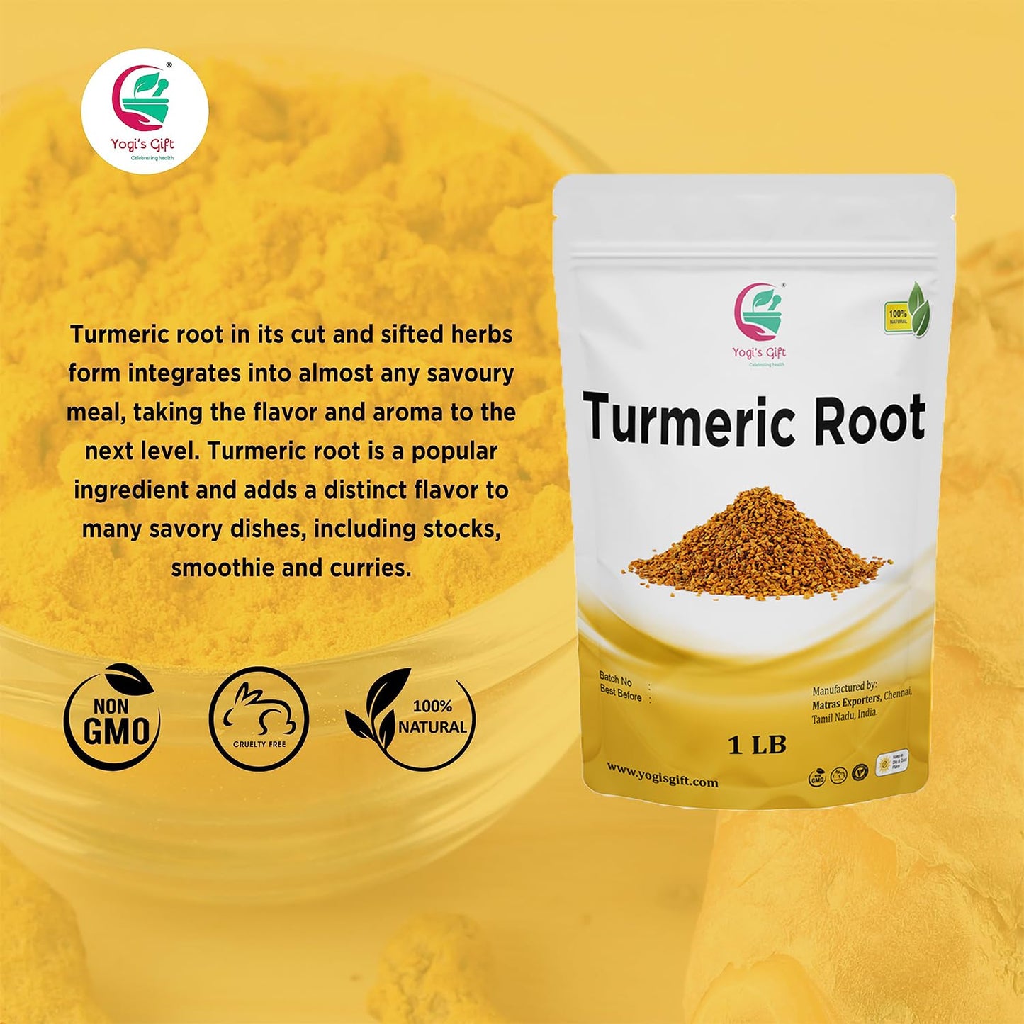 Turmeric root 1 lb | Cut and Sifted Dried Turmeric Pieces | Flavourful Indian Spice | Make Healthy Teas, Smoothies and Lattes | Curcuma longa | 100% Pure and Natural | by Yogi’s Gift®