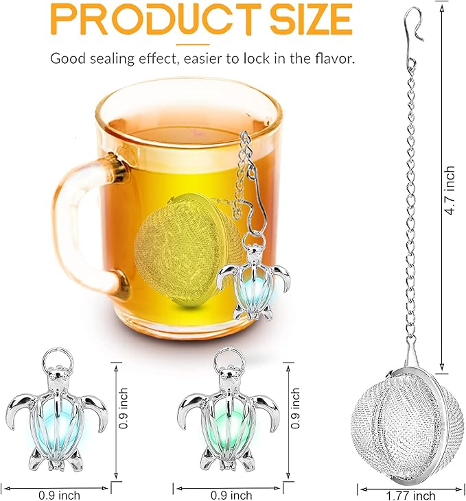 2pcs Tea Infuser TeaSanavie Loose Leaf Tea Steeper Stainless Steel Tea Ball Mesh Tea Strainer Silver Glow In The Dark Turtle Pendant Tea Filter with