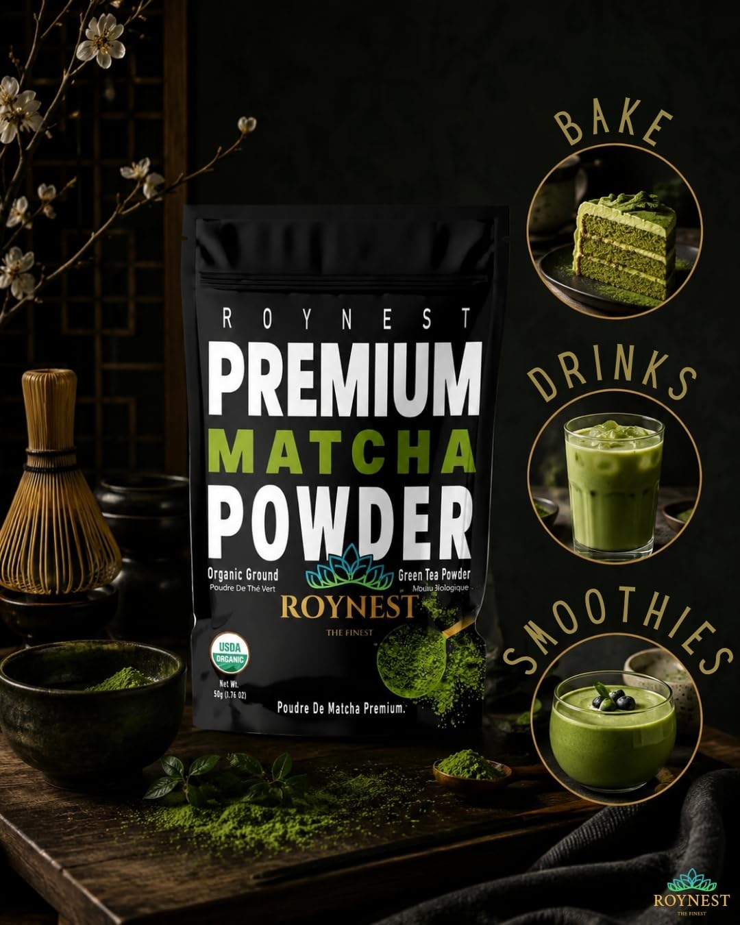 Roynest Premium Organic Matcha Powder - 50g Reseleable Pouch - 1 Pack | Ready to Mix, Pure Matcha for Iced Lattes, Smoothies, Cold Drinks &amp; Baking, Clean Energy, Non-GMO, USDA Certified Organic