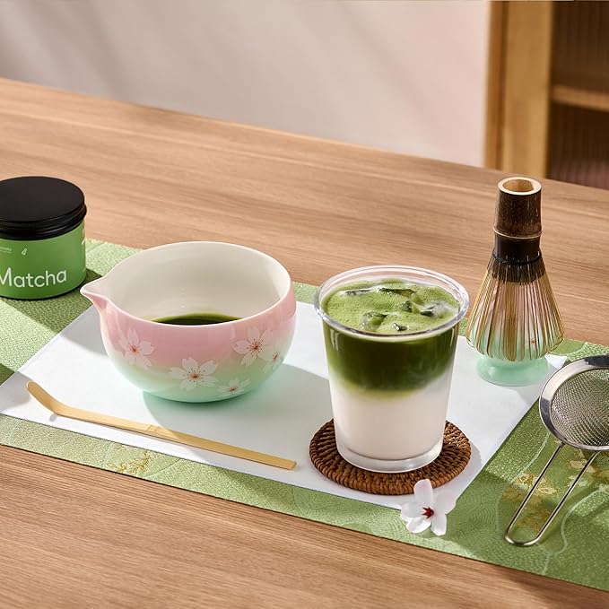 Matcha Whisk Set – Japanese Tea Ceremony Kit with Ceramic Bowl, Purple Bamboo Whisk (Chasen), Holder, Sifter & Scoop – Complete Matcha Kit