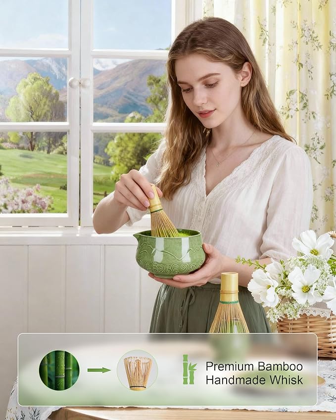 ZENS Matcha Whisk Set, 7pcs Matcha Set Includes Emerald Green Bowl and Matcha Cup, Bamboo Whisk & Scoop, Chasen Holder, 304 Sifter, Tea Mat, Matcha Kit for Latte Making