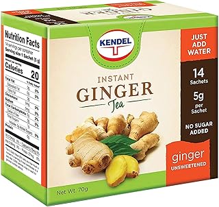 Kendel Instant Ginger Tea – Unsweetened Real Ginger Powder Drink – Caffeine Free Digestive Support – Hot or Cold Mix – 14 Sachets