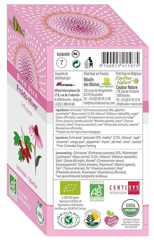 Valdena Bio Organic Echinacea Rosehip Herbal Tea Infusion (Pack of 3, total of 60 individually wrapped Tea Bags) Immunity boost, Immune support, Wellness tea, Kosher, Non-GMO