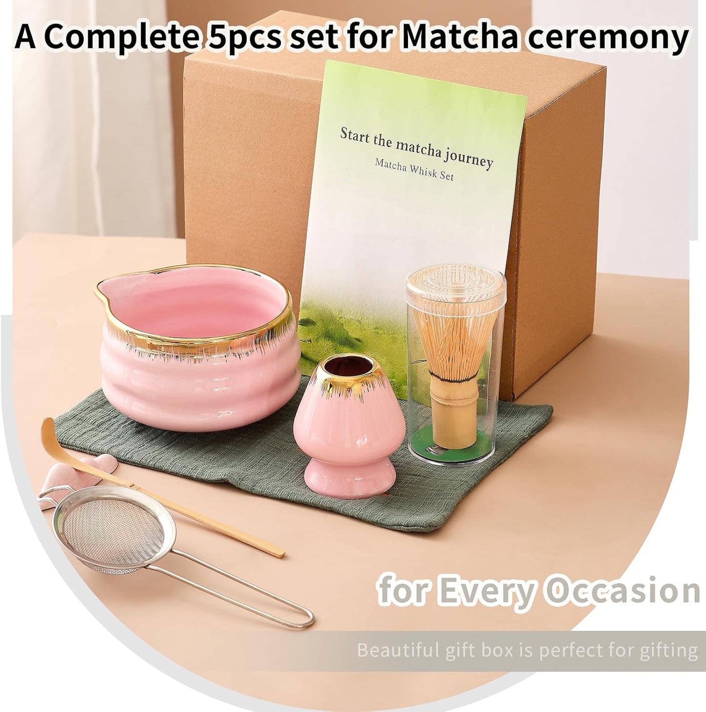 7-Piece Matcha Set, Matcha Bowl &amp; Bamboo Whisk Kit | Ceremonial Matcha Whisk Tools with Golden Texture Details, Japanese Tea Ceremony Starter Kit &amp; Unique Matcha Gift (Pink)