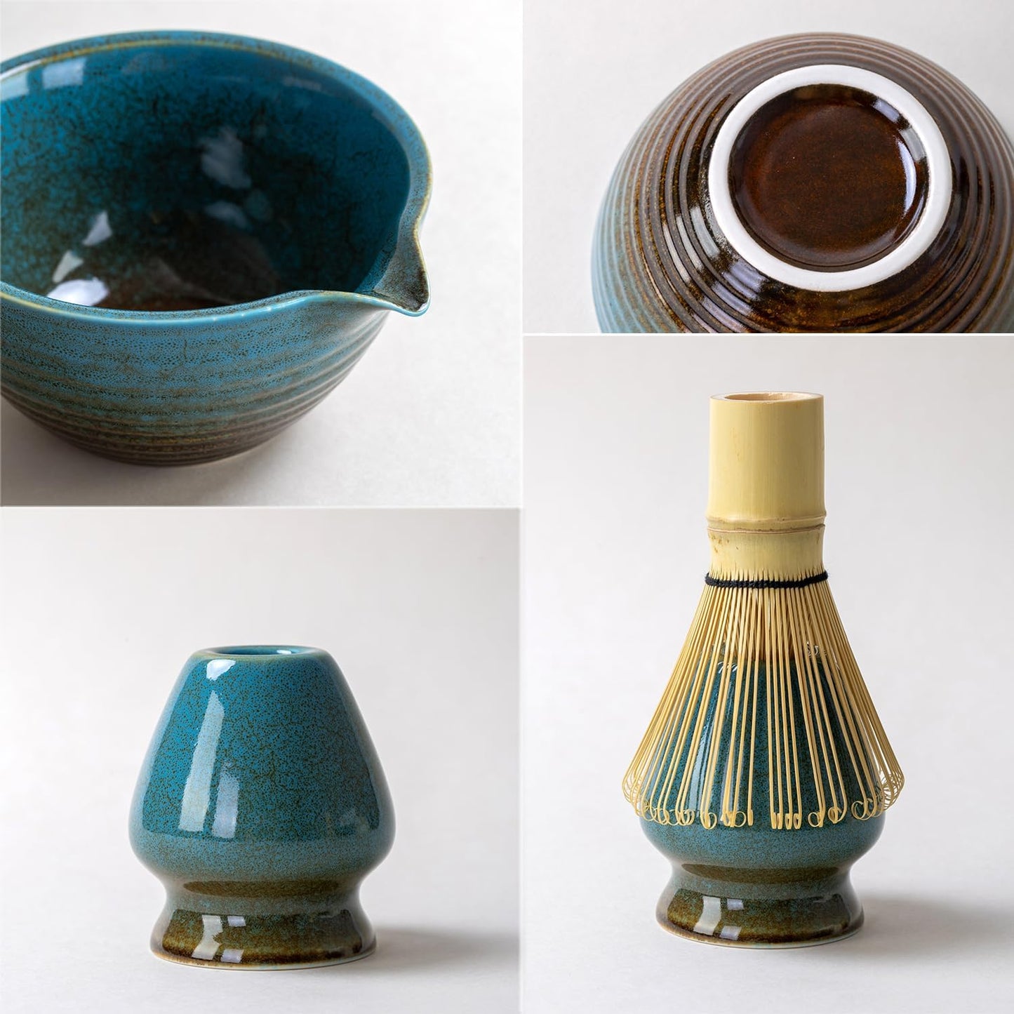 Traditional Matcha Tea Ceremony Set with Ceramic Bowl, Bamboo Whisk, Stand and Strainer, 5-Piece (blue)