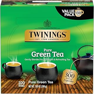 Twinings Pure Green Tea Individually Wrapped Bags, 100 Count (Pack of 1), Smooth & Refreshing, Caffeinated, Enjoy Hot or Iced, 100 Teabags