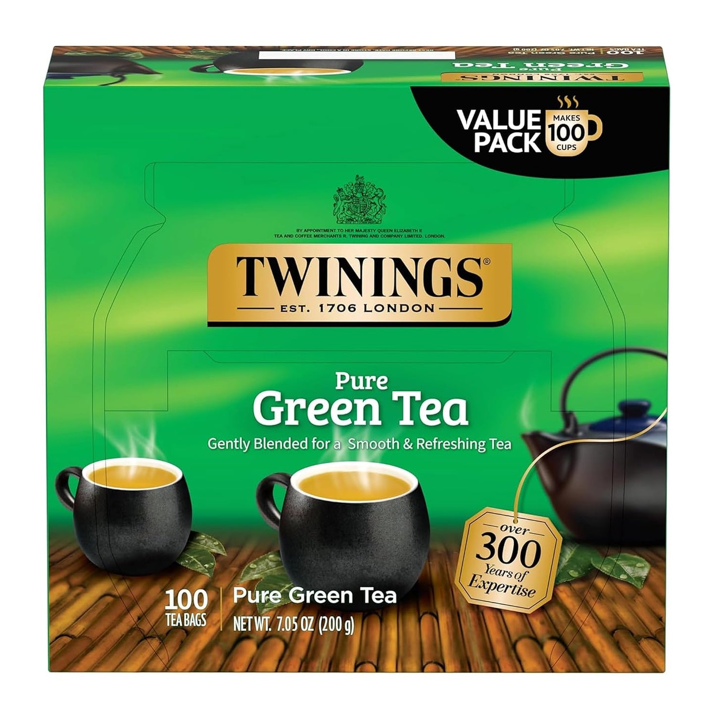 Twinings Pure Green Tea, Caffeinated, Tea Bags, 100 CT Box (1 Pack) | Pure, Smooth, Fresh &amp; Aromatic Green Tea, Naturally Caffeinated, 100 Foil Lined Individually Wrapped Bags, Enjoy Hot or Iced