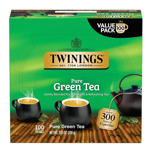Twinings Pure Green Tea, Caffeinated, Tea Bags, 100 CT Box (1 Pack) | Pure, Smooth, Fresh &amp; Aromatic Green Tea, Naturally Caffeinated, 100 Foil Lined Individually Wrapped Bags, Enjoy Hot or Iced